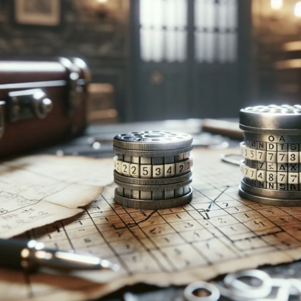 Cryptex métallique posé sur une carte codée dans une ambiance vintage évoquant une scène d’enquête ou d’espionnage.